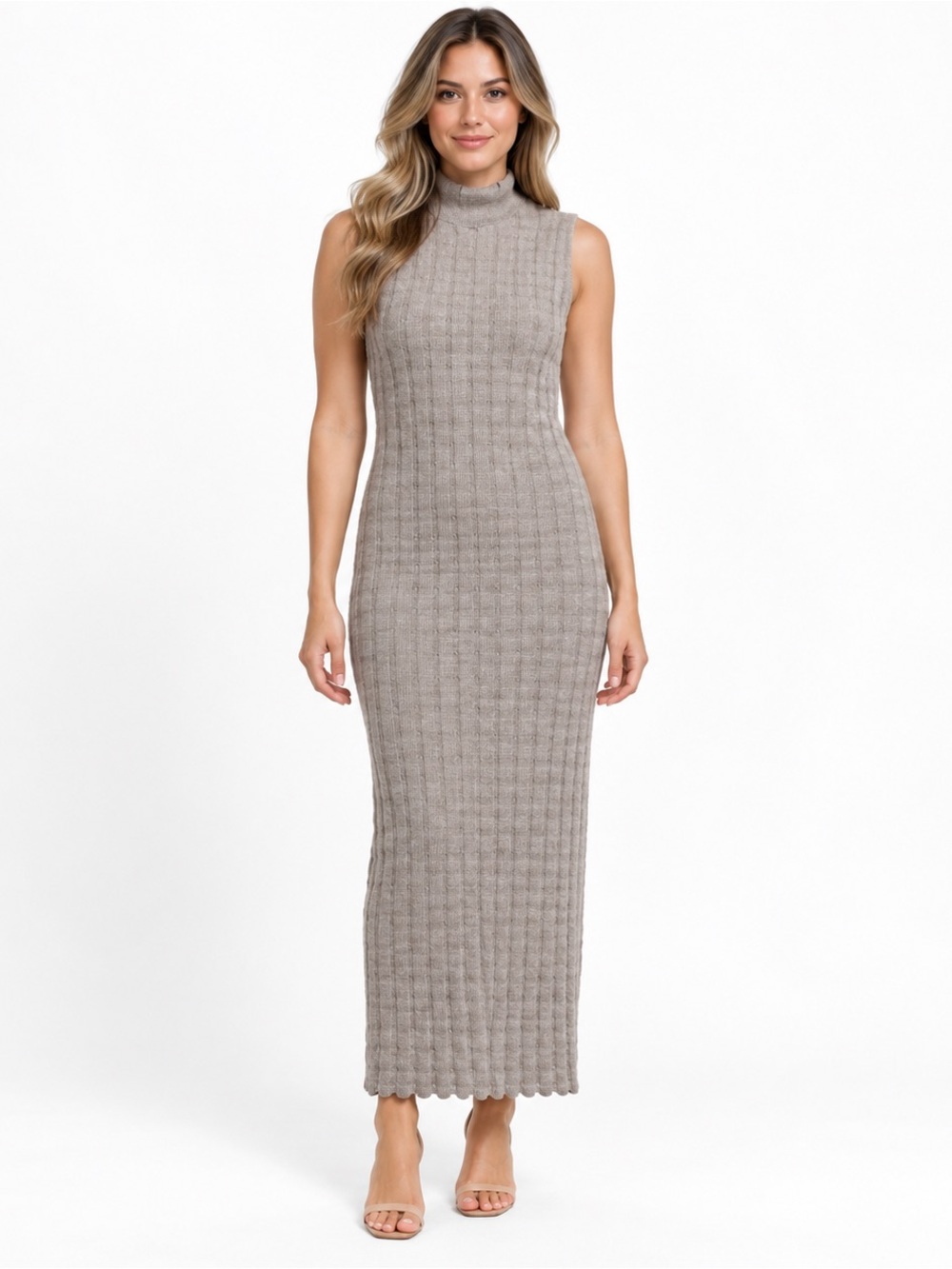 Zara Textured Knit Mock Neck Fitted Maxi Dress Taupe Gray L